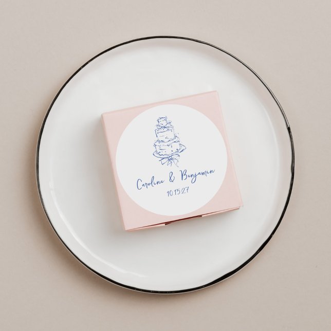 Custom Handwritten French Blue Doodle Wedding Cake Classic Round Sticker (Creator Uploaded)