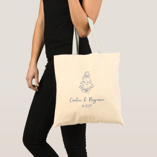 Custom Handwritten French Blue Doodle Wedding Cake Tote Bag