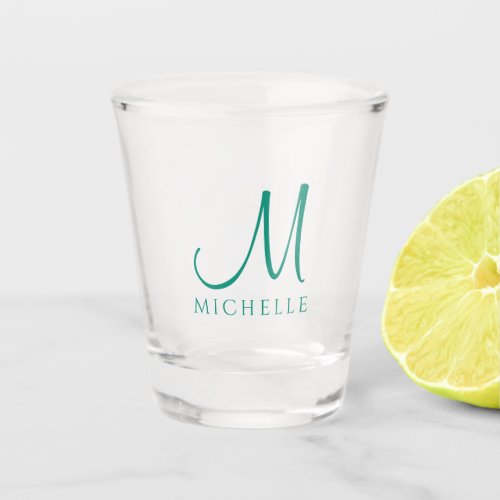 Custom Handwritten Initial Monogram Name Teal Shot Glass