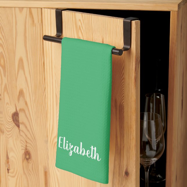 Custom Handwritten Name Sea Green Solid Color Kitchen Towel (Thirds Fold)