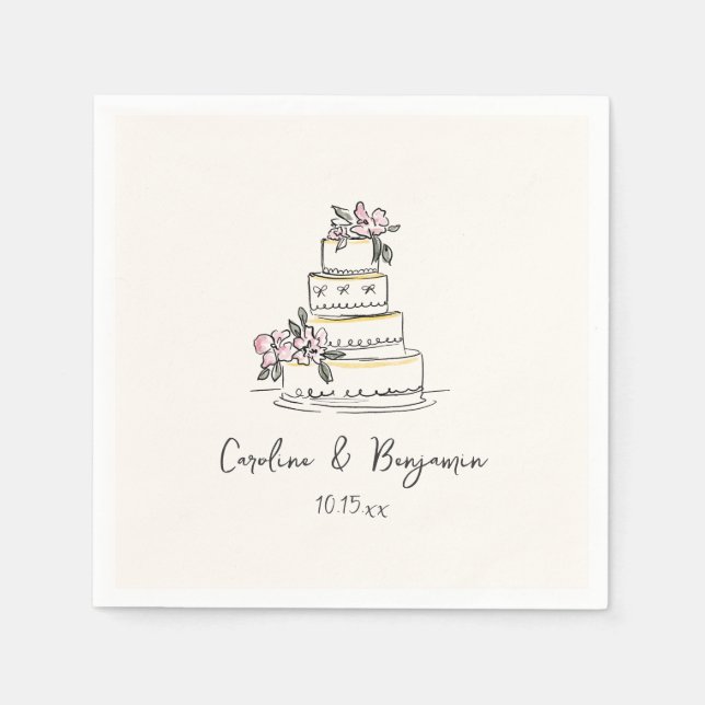 Custom Handwritten Pink Yellow Doodle Wedding Cake Napkins (Front)