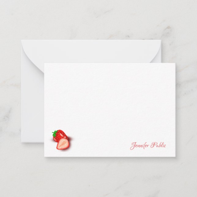 Custom Handwritten Script Monogram Strawberry Note Card (Front)