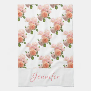 Custom Handwritten Script Pink Roses Watercolor Kitchen Towel