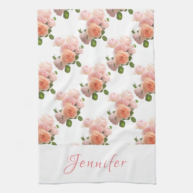 Custom Handwritten Script Pink Roses Watercolor Kitchen Towel (Vertical)
