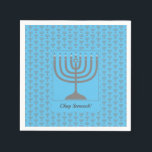 Custom Hanukkah | MENORAH Paper Napkins<br><div class="desc">Custom Hanukkah MENORAH Paper Napkins. Elegant sky blue MENORAH Paper Napkins, showing with faux silver gray menorah in a tiled pattern. At the center, there is an image of a large menorah which is CUSTOMIZABLE, so you can upload your own image. Underneath, the text reads CHAG SAMEACH. This is also...</div>