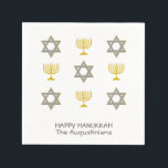 Custom Hanukkah Paper Napkins<br><div class="desc">Elegant HAPPY HANUKKAH can cooler, showing faux gold and silver STAR OF DAVID and MENORAH in a tiled pattern. Text reads HAPPY HANUKKAH with a placeholder name, and is CUSTOMIZABLE, so you can PERSONALIZE it by adding your name or other text. Ideal for Hanukkah celebrations, and with customization can be...</div>