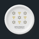 Custom Hanukkah Paper Plates<br><div class="desc">Elegant HAPPY HANUKKAH paper plates showing faux gold and silver STAR OF DAVID and MENORAH in a tiled pattern against a plain white background. Text reads HAPPY HANUKKAH with a placeholder name, and is CUSTOMIZABLE, so you can PERSONALIZE it by adding your name or other text. Ideal for Hanukkah celebrations,...</div>