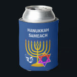 Custom HANUKKAH SAMEACH  Can Cooler<br><div class="desc">Elegant, stylish HANUKKAH can cooler in mid blue, designed with faux gold menorah, colorful Star of David and white dreidel plus CUSTOMIZABLE GREETING - HANUKKAH SAMEACH, so you can create your own greeting, eg. Happy Chanukah. Ideal for Hanukkah season. Choose from a wide section of Hanukkah clothing and gifts, designed...</div>