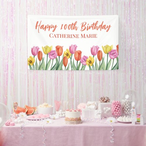 Custom Happy 100th Birthday Pastel Spring Tulip Banner