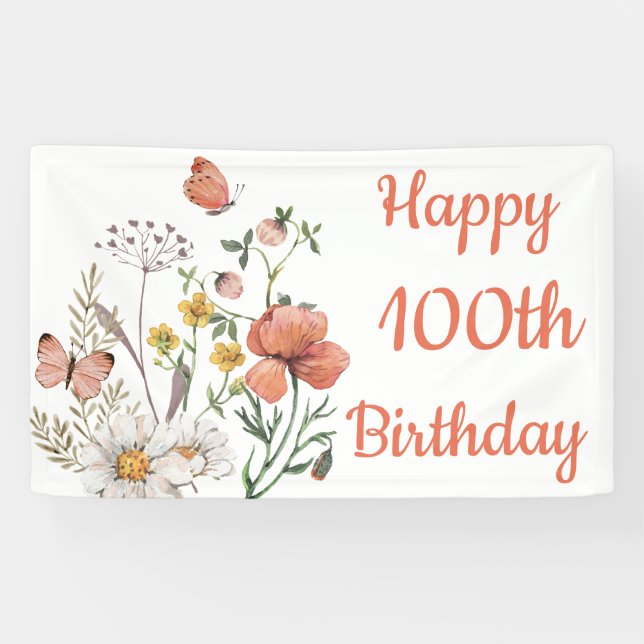 Custom Happy 100th Birthday Wildflowers Banner (Horizontal)