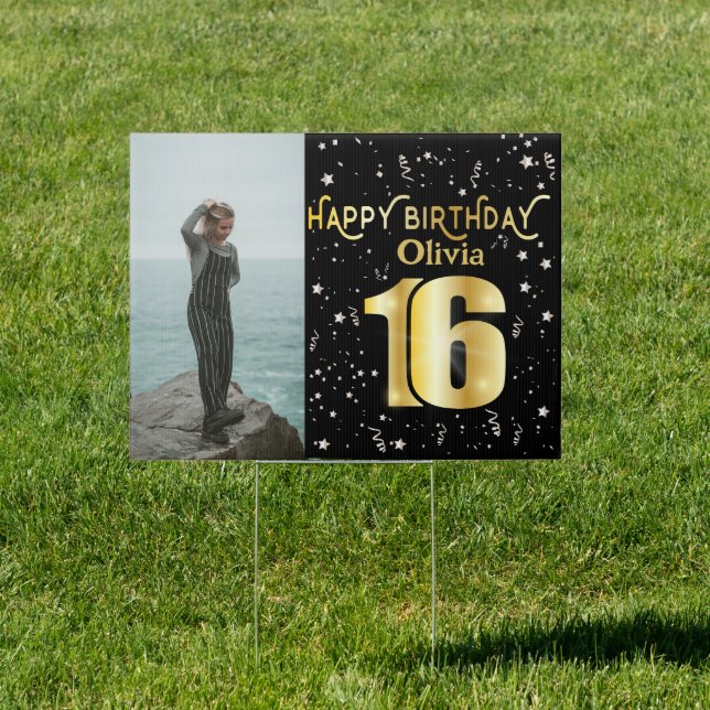 Custom Happy 16th Birthday Gold Confetti  Sign (Insitu)