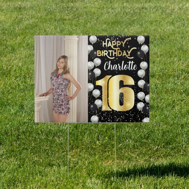 Custom Happy 16th Birthday Gold Confetti   Sign (Insitu)