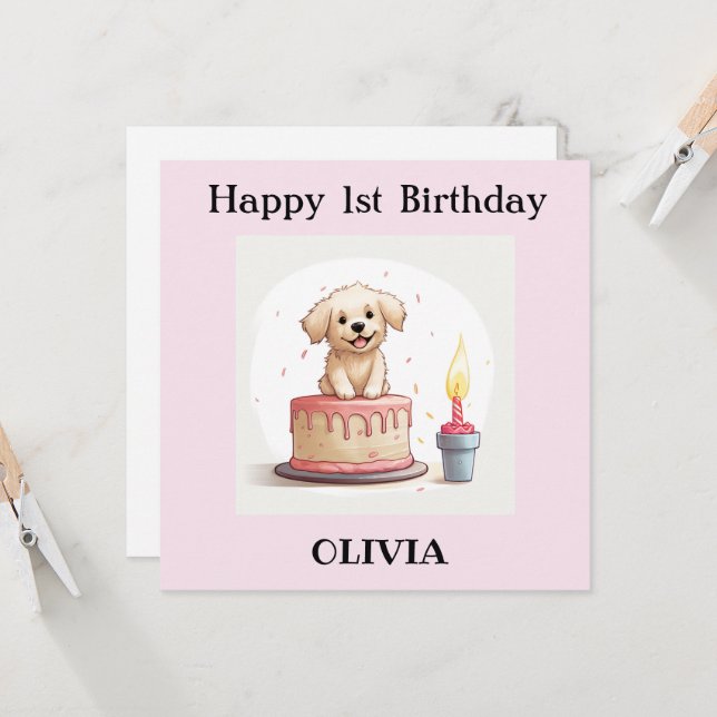 Custom Happy 1st Birthday Card, With Name, Puppy Card (Front/Back In Situ)