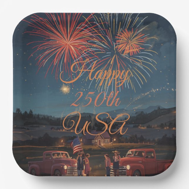 Custom Happy 250th USA Patriotic Fireworks Paper Plates (Front)