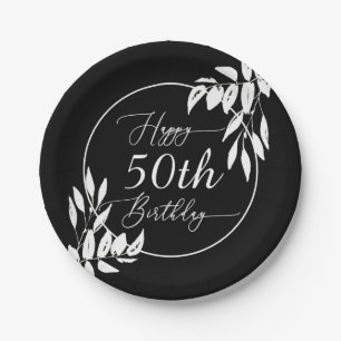 Custom Happy 50th Birthday Black & White Botanical Paper Plates