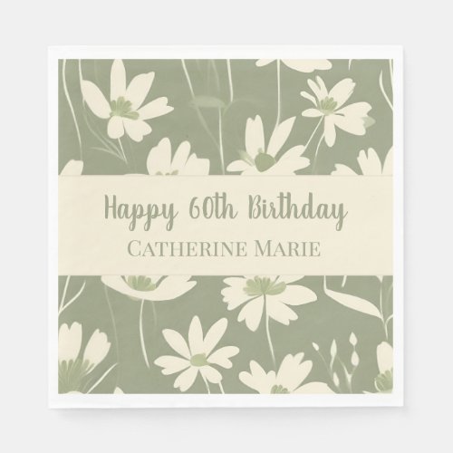 Custom Happy 60th Birthday Modern Green Wildflower Napkins