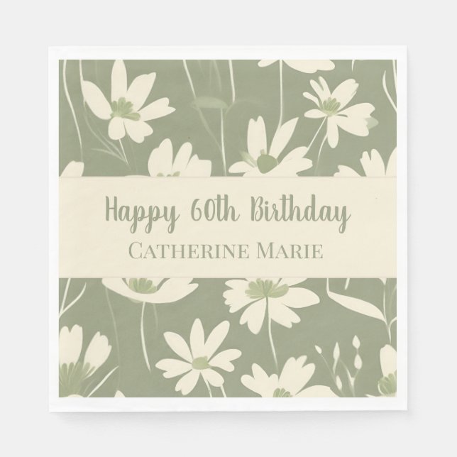 Custom Happy 60th Birthday Modern Green Wildflower Napkins (Front)