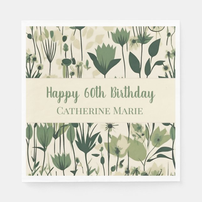 Custom Happy 60th Birthday Modern Green Wildflower Napkins (Front)
