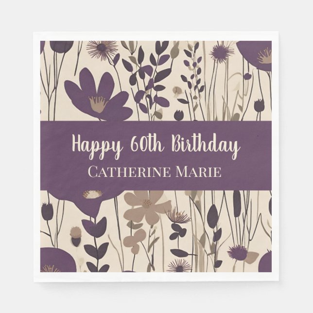 Custom Happy 60th Birthday Modern Purple Flower Napkins (Front)