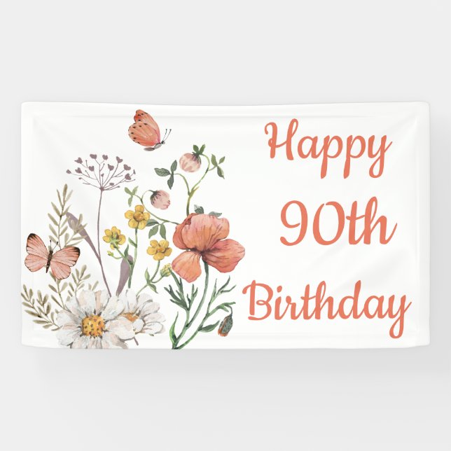Custom Happy 90th Birthday Wildflowers Banner (Horizontal)