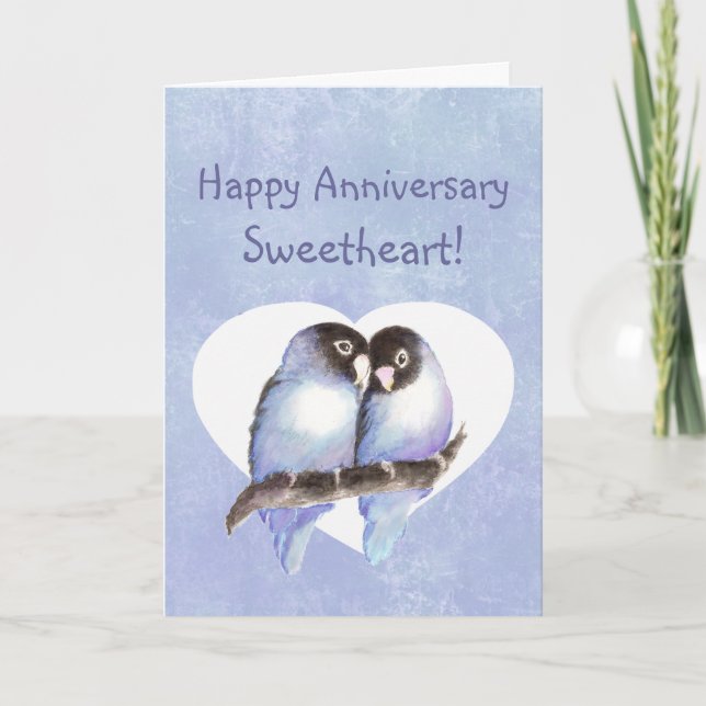 Custom Happy Anniversary Sweetheart Blue Lovebirds Card (Front)