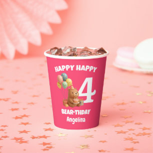 Custom HAPPY BEAR-THDAY Teddy Bear 4th Birthday Paper Cups