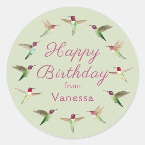Custom Happy  Birthday Annas Hummingbirds  Classic Round Sticker