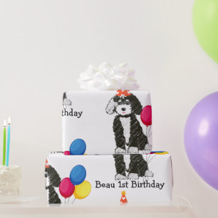 Custom Happy Birthday Black & White Bernedoodle Wr Wrapping Paper