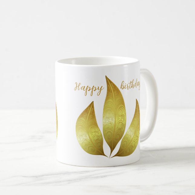 Custom Happy birthday golden ornaments leaves Coffee Mug (Front Right)