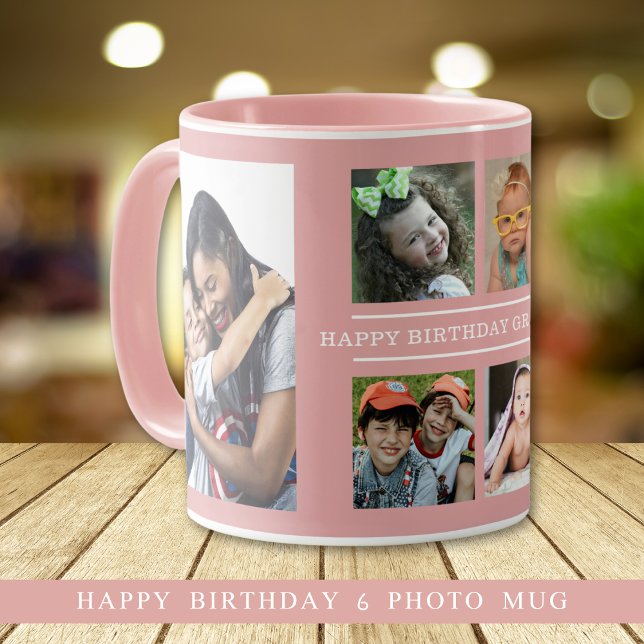 Custom Happy Birthday Grandma 6 Photo Collage Pink Mug (Creator Uploaded)