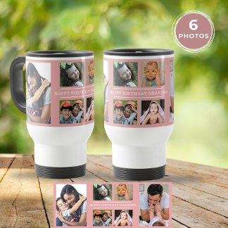 Custom Happy Birthday Grandma 6 Photo Collage Pink Travel Mug