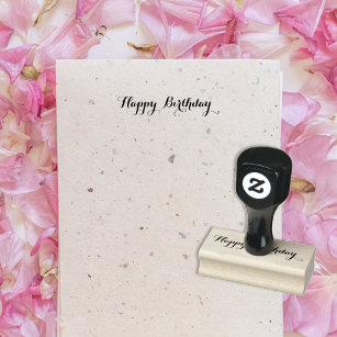 Custom Happy Birthday Greeting Elegant Script Wood Rubber Stamp