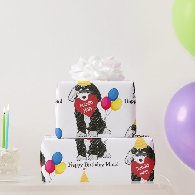 Custom Happy Birthday Mom B & W Bernedoodle Wrapping Paper (Party Gifts)