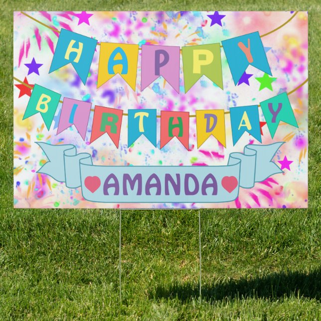 Custom happy birthday multicolor banner sign (Insitu)