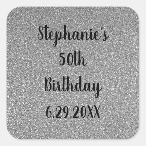Custom Happy Birthday Name Glittery Silver Grey Square Sticker