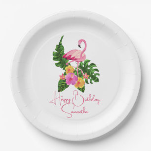 Custom Happy Birthday Party Tropical Flamingos Paper Plates