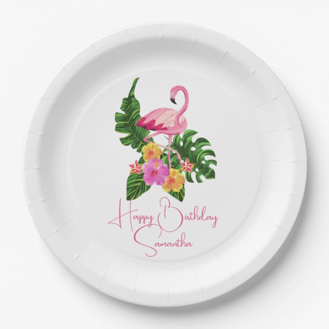 Custom Happy Birthday Party Tropical Flamingos Paper Plates (Front)