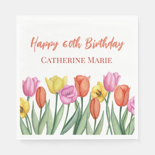 Custom Happy Birthday Pastel Spring Tulip Napkins