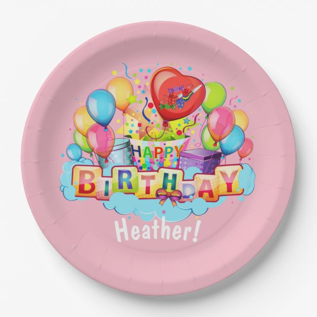 Custom Happy Birthday Personalized Pink Paper Plates (Front)