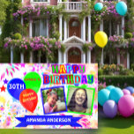 Custom happy birthday photo sign<br><div class="desc">Personalized playful multicolor banner with eye catching colorful balloons and pictures x2</div>