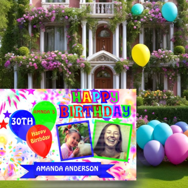 Custom happy birthday photo sign (Cute banner with colorful balloons, happy birthday typography, custom text and two photos.)