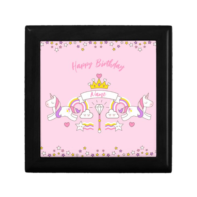Custom Happy Birthday- Pink Cute Unicorn  Gift Box (Front)