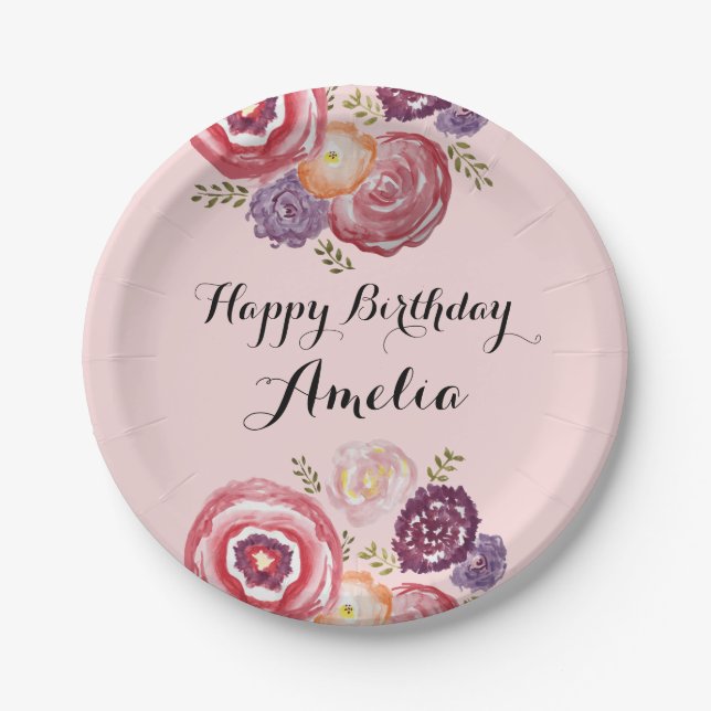 Custom Happy Birthday Pink Flower Paper Plate (Front)