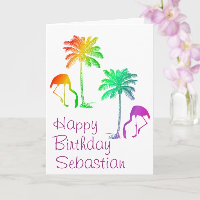 Custom Happy Birthday Rainbow Flamingos Palm Tree Card (Orchid)