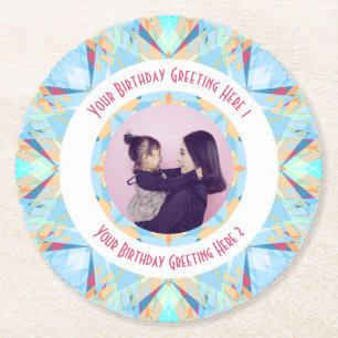 Custom Happy Birthday Star Blue Photo Greeting Round Paper Coaster