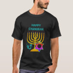 Custom HAPPY CHANUKAH T-Shirt<br><div class="desc">Elegant,  stylish HANUKKAH T-shirt,  designed with faux gold menorah,  colorful Star of David and silver colored dreidel plus CUSTOMIZABLE GREETING,  so you can create your own greeting. Ideal for Hanukkah season. Choose from a wide section of Hanukkah clothing and gifts,  designed by Berean Designs.</div>