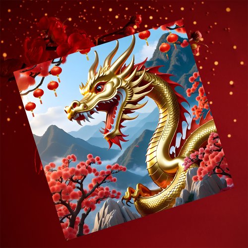 Custom Happy Chinese New 2024 Golden Dragon Floral Holiday Card