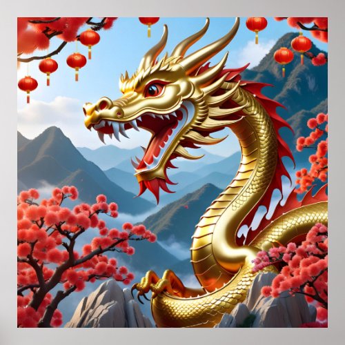 Custom Happy Chinese New 2024 Golden Dragon Floral Poster