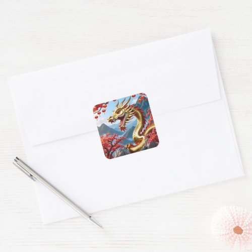 Custom Happy Chinese New 2024 Golden Dragon Floral Square Sticker