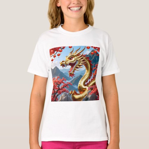 Custom Happy Chinese New 2024 Golden Dragon Floral T_Shirt
